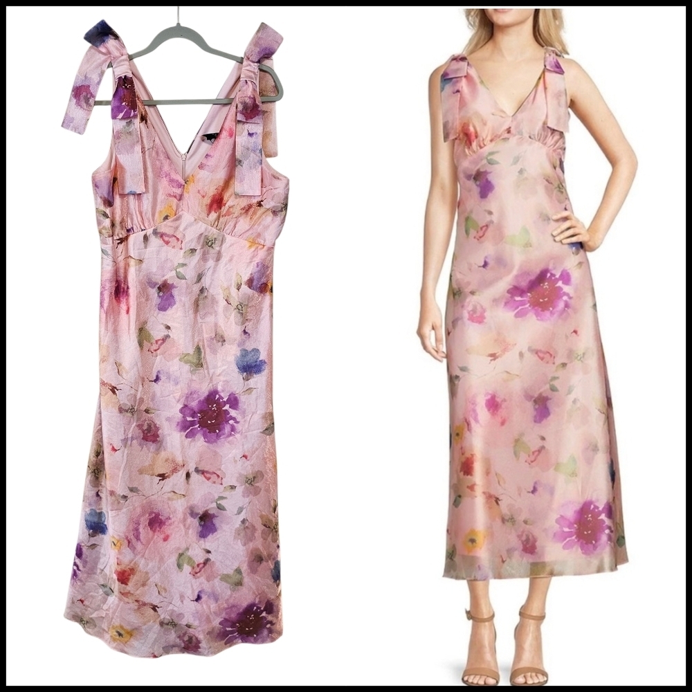 Maison Tara Floral Vneck Bow Straps Maxi Dress Cottagecore Coquette Style